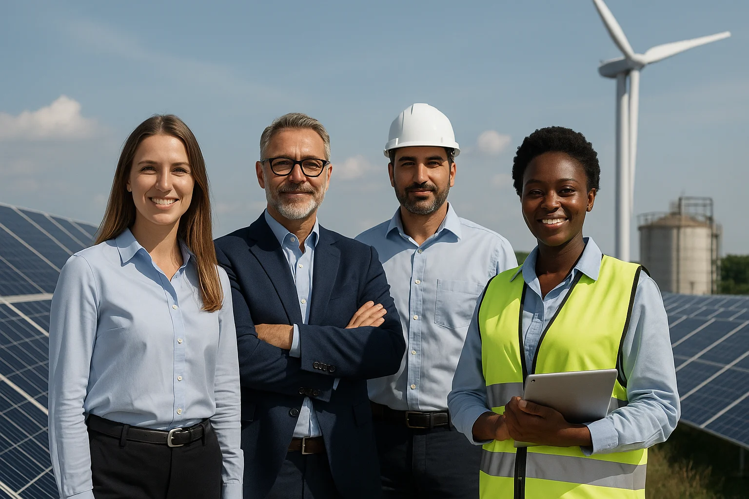 Diverse team of renewable energy professionals collaborating